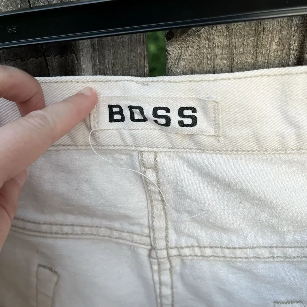 Vintage Boss Shorts Mens 36 White Denim Hip Hop Rap 90s Baggy Spellout Logo Fray